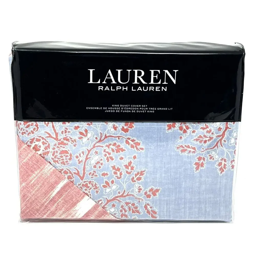 Ralph Lauren Marley Paisley King Duvet Cover Set Light Blue Coral 3 Piece Set
